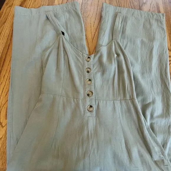Lulus Small Sage‎ Green Striped Jumpsuit Wide Leg Button Front Adjustable Straps - Picture 10 of 16
